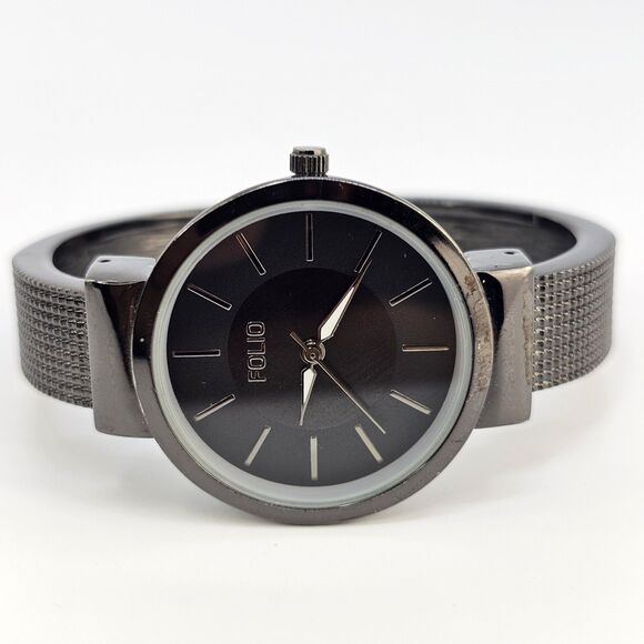 Folio Women's Cuff Watch 32MM Black Dial Black Bracelet Band 5.5" New Battery - Picture 4 of 13